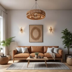 Scandinavian style living room with wicker chandelier above wooden sofa, natural, relaxation