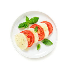 Caprese salad with fresh tomatoes, mozzarella cheese and basil. isolated on white background, top view