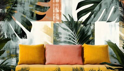 Abstract Tropical Leaf Artwork With Yellow Sofa And Pillows