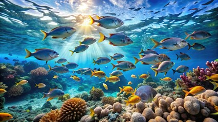 Schools of fish swim in unison through crystal clear waters beneath a coral reef, underwater, colorful, ocean, aquatic