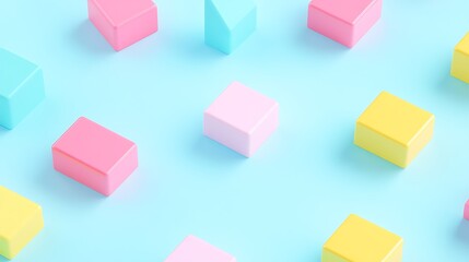 Obraz premium Colorful geometric shapes scattered on pastel blue background creating a playful and artistic composition