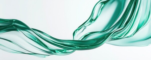 Emerald Green Fluid Movement Against a Soft White Background with Delicate Waves