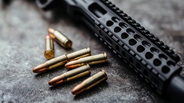 A close-up of a firearm and ammunition on a textured surface.