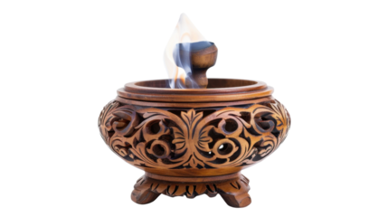 Wooden incense burner releasing aromatic smoke on transparent background
