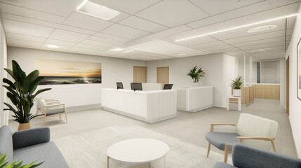 Fototapeta premium Bright and modern clinic interior with white furniture, patient consultation area, and neutral tones.