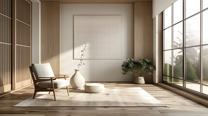 Minimalist, japandi interior design of modern living room with dining table