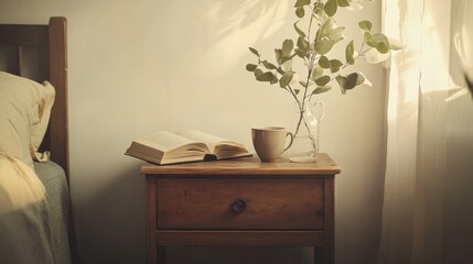 49.A vintage-style wooden nightstand with a coffee cup and an open book resting on top, accompanied by a small vase of greenery. The soft light from the window highlights the texture of the wood and