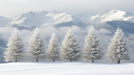 Five Snow Covered Trees Before Majestic Winter Mountains