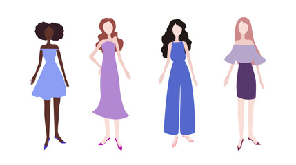 Flat illustrations of women in full growth .Girls in light elegant outfits, models without faces.