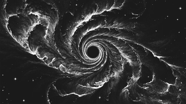 Amazing huge massive black hole surrounded by a cosmic nebula. Gravitational pull of the universe in a cosmic cloud storm of light and shadows. Dotwork. Pointillism. Dots shading. Vector illustration