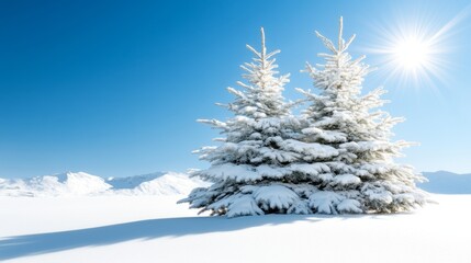 Fototapeta premium Snow-covered trees in sunny winter landscape with clear blue sky