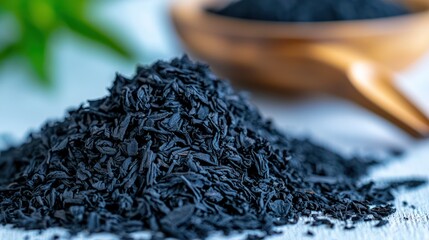 A close-up of black shredded material, possibly used for culinary or medicinal purposes.