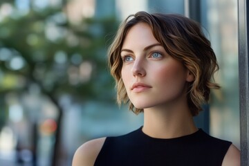Elegant Woman with Blue Eyes Standing by a Glass Window. Generative AI.