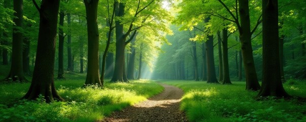 Quiet forest glade with subtle gradations of greens and browns, greens, nature