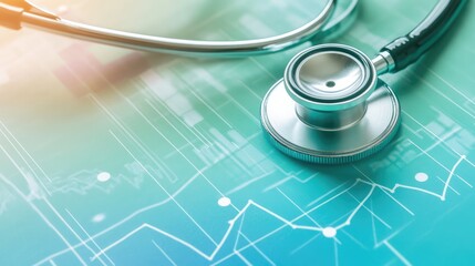 Close-up of a stethoscope resting on a patient chart, clinical background with copy space for medical themes.