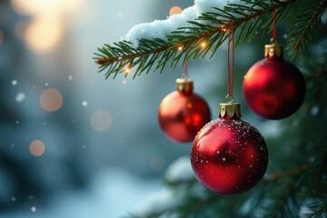 Fototapeta premium Red and gold ornaments hung from a fir branch, winter, ornaments