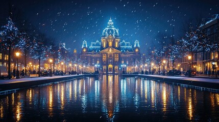 Obraz premium Snowy Night Cityscape Featuring Illuminated Building and Canal