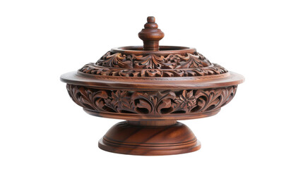 Elegant carved wooden pedestal bowl with lid on transparent background