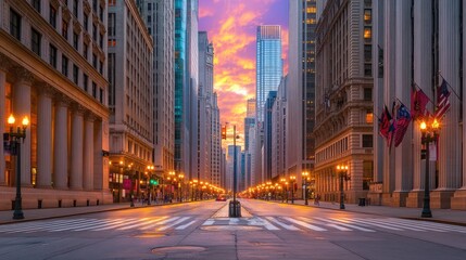 Obraz premium Deserted financial district street at night, economic downturn, business failures, recession background, dramatic lighting.