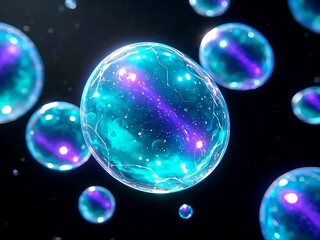 glowing aquamarine and violet bioluminescent cell texture