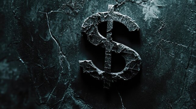 Dark minimalist background with broken dollar symbol, financial crisis, economic downturn, recession impact, abstract concept.