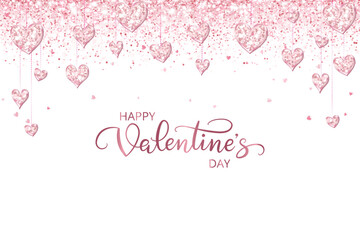 Happy Valentine day banner. Pink glitter hearts decoration. Hand written calligraphy. Sparkling glittering rain effect. Romantic shiny background. Vector.