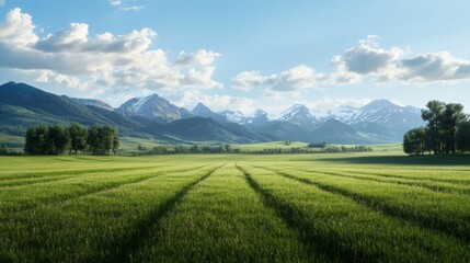 Fototapeta premium Serene landscape; green field, snow-capped mountains under a blue sky with fluffy clouds.