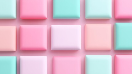 Colorful pastel square tiles arranged on a flat surface creating a soft and playful background or texture design