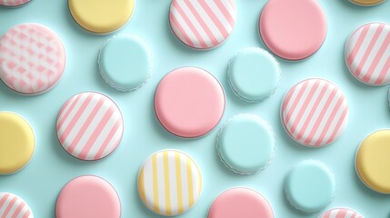 Obraz premium Colorful Patterned Macarons on a Soft Blue Background for Delicious Dessert Concept and Sweet Treats Display