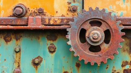 Dilapidated factory with rusted machinery, economic downturn, manufacturing industry recession, abandoned industrial setting.