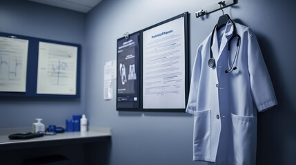 Doctor's coat hanging on a clean wall next to a medical chart and a stethoscope, professional healthcare concept.
