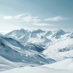 Obraz premium Serene snowy mountains stretch across the horizon. The pristine landscape invites adventure and exploration. Perfect for winter travel or nature themed projects. AI