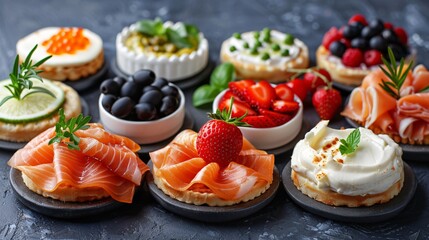 Set with different appetizers in small portions