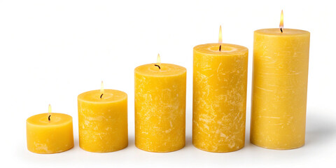 A Collection of Yellow Candles from Small to Tall Isolated on a White Background, Perfect for Home Decor