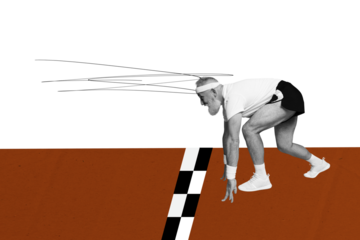 Creative collage picture elder man ready steady go race track tournament challenge persistence reach goal aim win sportsman