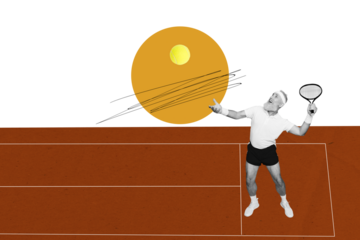 Creative collage excited sportsman elder pensioner hit ball tennis racket player professional hobby drawing doodles tournament match