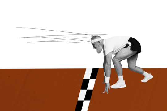 Creative collage picture elder man ready steady go race track tournament challenge persistence reach goal aim win sportsman