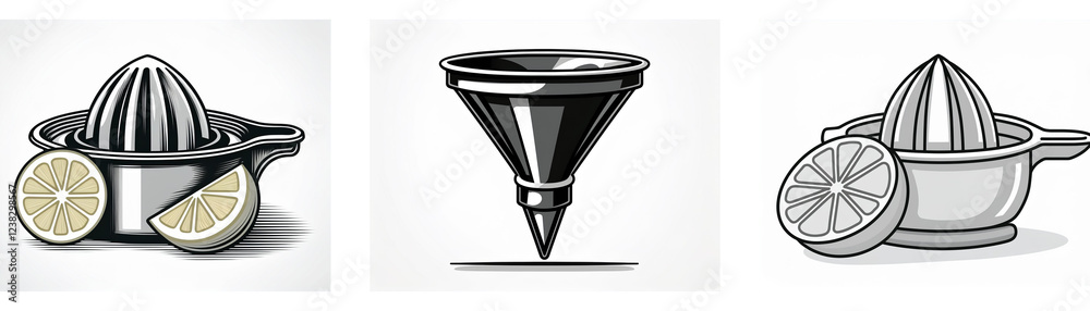 Aufkleber three monochrome icons depict citrus juicers; two manual hand-held models and one conical design. ki
