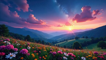Rolling hills covered in wildflowers under a starry night sky with colorful clouds, , mountains