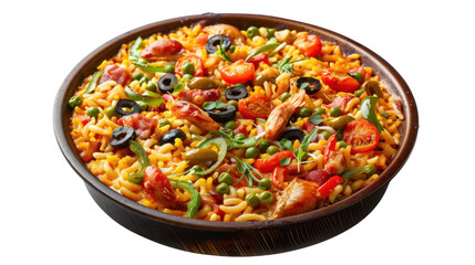 Delicious paella dish with chicken, vegetables, and olives on transparent background
