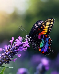 Obraz premium A vibrant butterfly resting on a beautiful flower, showcasing nature's colors and intricacies.
