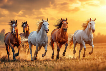 Five horses galloping through a field at sunset, creating a dynamic and vibrant scene.