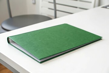 Fototapeta premium Single green folder placed on a white surface with grey frame, desk organizer, green folder, paper files, office decor