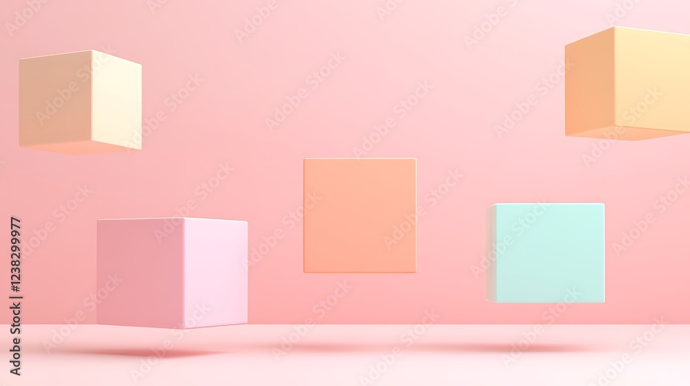 Wall mural Floating Colorful Cubes in Soft Pink Background Creating a Modern Abstract Aesthetic for Creative Projects