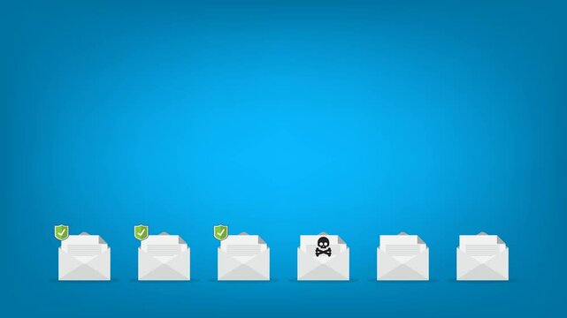 Email envelope with black document and skull icon. Virus, malware, email fraud, e-mail spam, phishing scam, hacker attack concept.