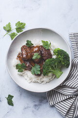 Beef meatballs with rice and broccoli. Scandinavian cuisine.