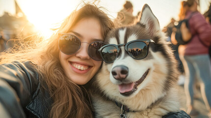 Obraz premium Funny husky with sunglasses, best friends road trip
