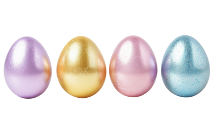 Four shiny metallic easter eggs in gold, pink, purple, and blue on transparent background