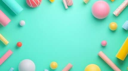 Playful Colorful Background with Geometric Shapes and Balls on Turquoise Surface for Creative Designs and Projects