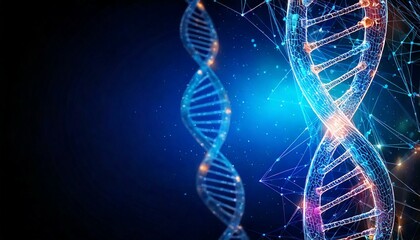 Futuristic glowing DNA strands interconnected by blue energy pulses, isolated on a dark gradient background with a large empty space for text